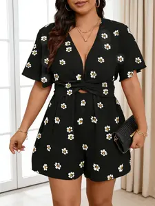 Plus Size Floral Daisy Print V Neck Knot Flare Sleeve Back Tie High Waist Jumpsuit Shorts, Casual Summer Feminine, Women's Fashion Clothing
