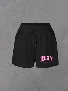 Women's Drawstring Straight-Leg Loose Fit Shorts, Los Angeles Brooklyn Print, Sporty Style, Perfect for School, Sports, Daily Wear