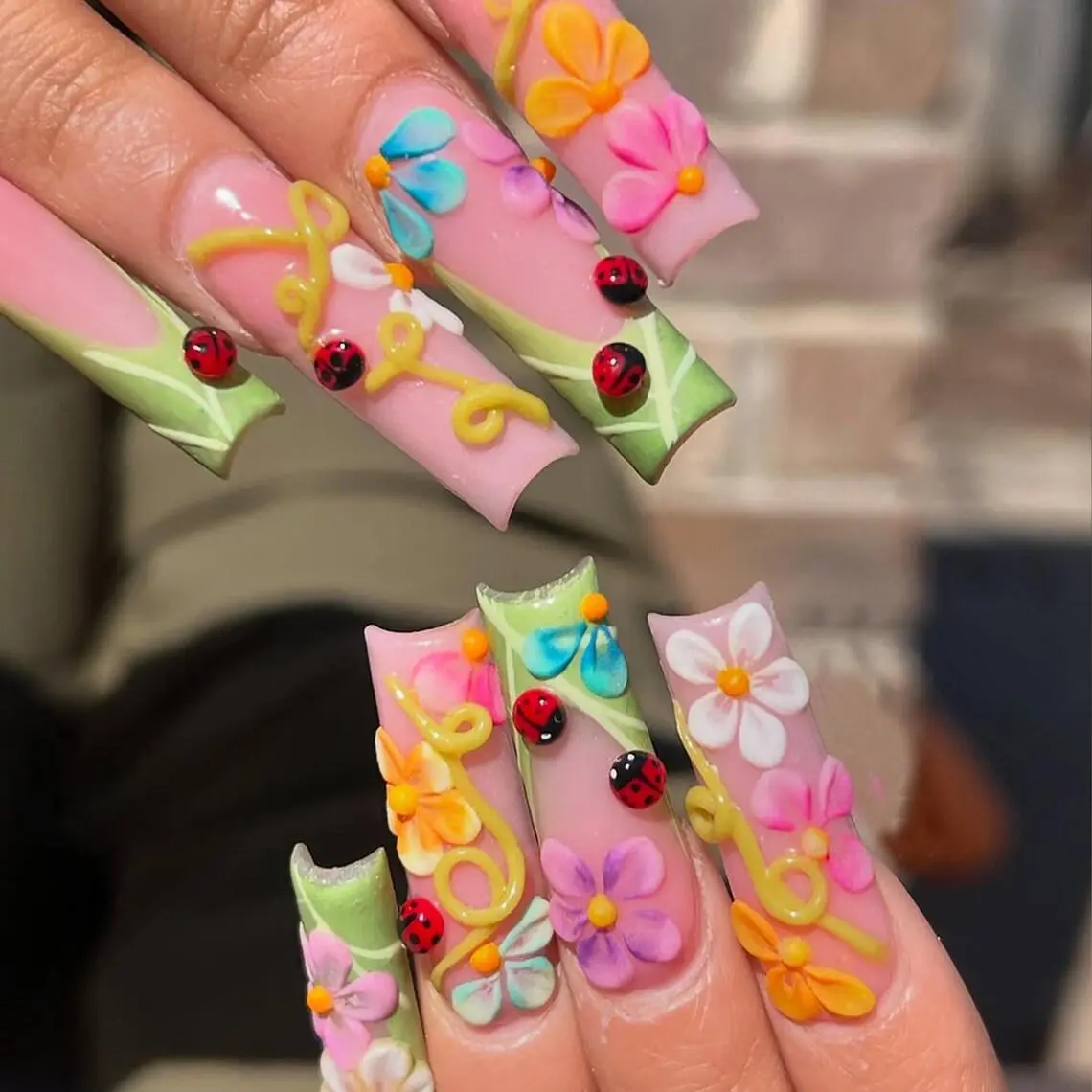 Colorful Garden Ladybug Press On Nails | 3D Pastel Flower Nails | Cute Spring with Ladybugs | Handmade Garden Nails | Long Square
