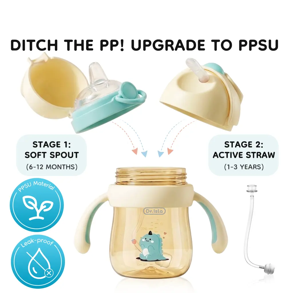[Upgrade To PPSU] Dr.Isla 2-in-1 Anti-Colic Baby Training Sippy Cup 9oz, 180°C Heat-Resistant, BPA-Free, Leakproof No-Spill, Easy to Clean, Odorless, 360° Gravity Ball, Duckbill Nipple & Straw Lids Included for 6M-3Y