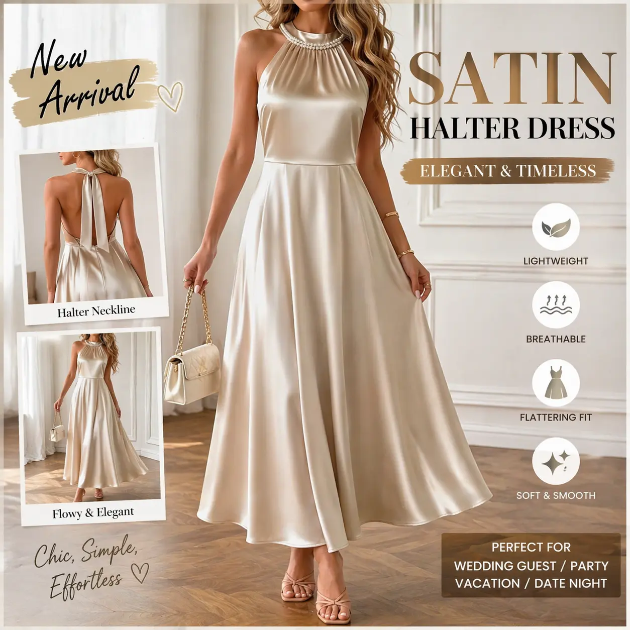 Satin Halter Maxi Dress for Women – Elegant Sleeveless Flowy Summer Dress | Wedding Guest Dress Formal Evening Outfit #summerdress #maxidress #weddingguestdress #fyp