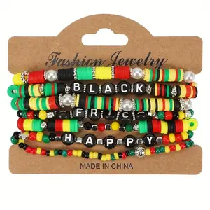 Juneteenth Bracelet Set – Black, Africa, Happy | Colorful African Beaded Stack | Boho Elastic Bracelets | Red, Black, Green Festival Jewelry (Unisex) (Copy)