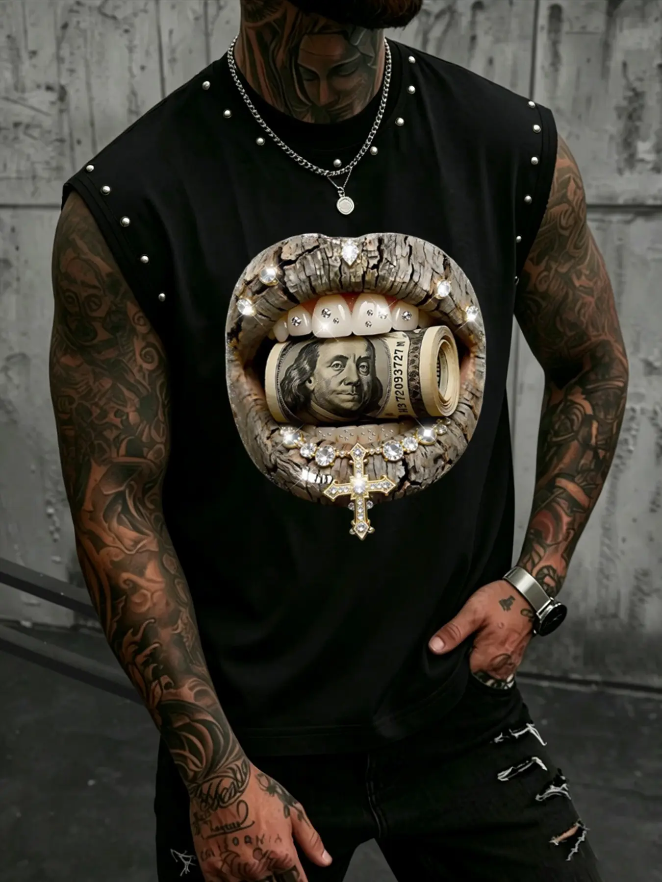Men's Summer Casual Fitted Plain Round Neck Sleeveless T-Shirt, Y2K Dark Style Rhinestone Lip Print, Rivet Design, Streetwear Fashion, Menswear