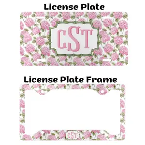 Monogram Pink Hydrangea License Plate and Frame, Personalized Floral Car Decor, Custom Car Accessories for Women, Birthday Gift