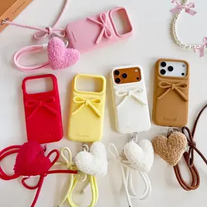Cute 3D Bow Phone Case for iPhone 17 16 15 14 13 Pro Max with Plush Heart Strap, Soft Cellphone Accessories