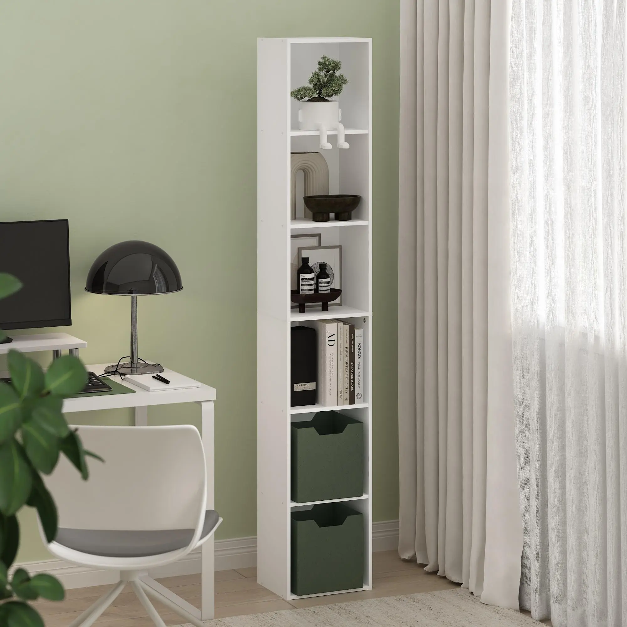 LUDER 6-Tier Freestanding Display Bookshelf, 9.3x12x71in Contemporary Modern Open Shelf, Space-Saving Indoor Storage for Bedroom Decor & Small Room Organization