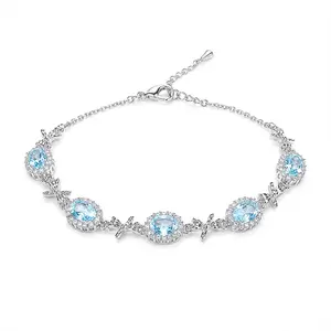 Elegant Silver Plated Ribbon Bow Link Bracelet for Women Aquamarine Blue Oval Halo Crystal Adjustable Chain Jewelry Birthday Anniversary Gift