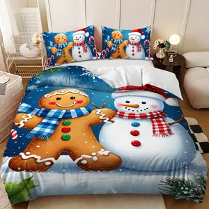Bedding 3-piece set - 3PCS,Merry Christmas gingerbread man and snowman snow scene design down comforter set (1 duvet cover + 2 pillowcases, filling not included). soft and comfortable, suitable for family bedrooms.