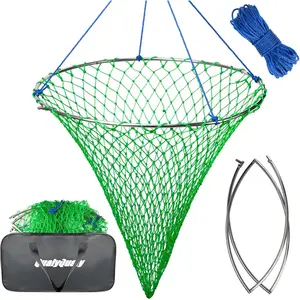 Upgrated Foldable Bridge and Pier Fishing Net, Drop Net Rust-Proof Stainless Steel Ring Landing Fish Net for Saltwater Freshwater Kayak Fishing, Portable Poly Mesh Basket 23" x 32"