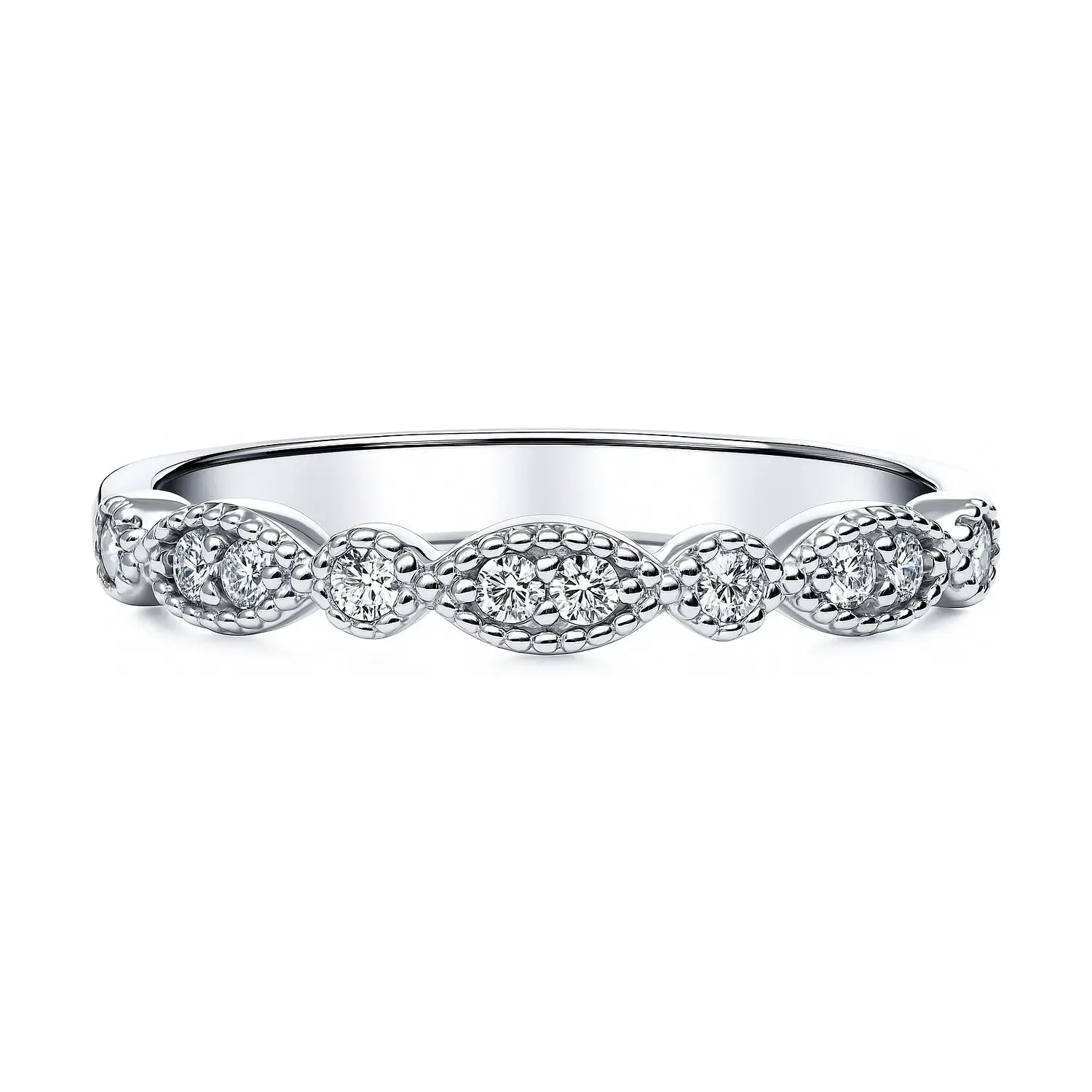 BERRICLE Sterling Silver Milgrain Art Deco Rings Stackable Half Eternity Band Ring for Women, Crown Set Round Cut Cubic Zirconia CZ