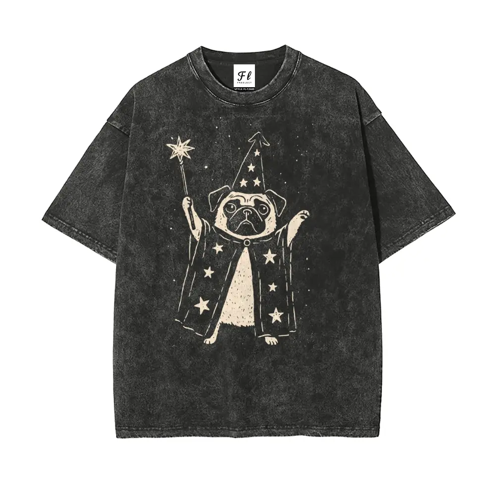 Wizard Pug with Star Wand Vintage Oversize Unisex Washed T-Shirt for Women and Men's Unisex Fit Batik Cotton Oversize Streetwear Menswear  Super Soft Pre-Shrunk