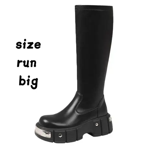 Women's Chic Knee-Length Platform Boots - Black Easy-Clean PU Faux Leather, Chunky Comfortable Heels, Round Toe, Plain Design, Synthetic Composite Sole, Durable All-Seasons Shoes for Women, Casual to Semi-Formal Footwear