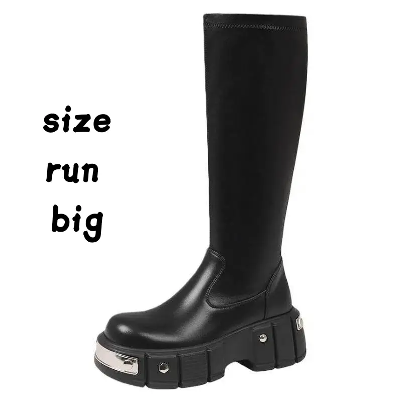 Women's Chic Knee High Platform Boots - Black Plain PU Shoes, Chunky Block Comfortable Heels, Round Toe, Composite Sole, Durable, Versatile Knee Length Footwear
