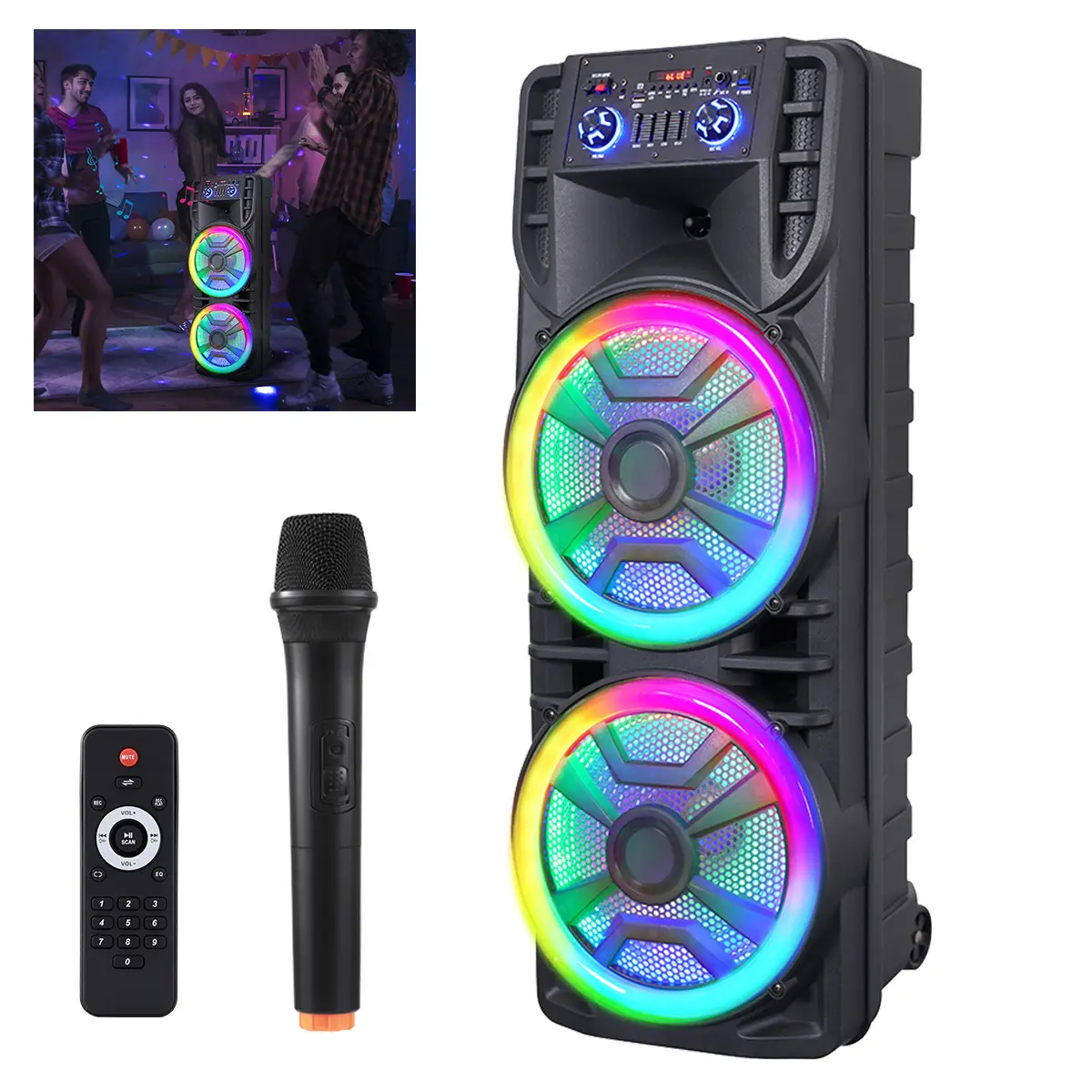 Portable Dual 12inch Karaoke Speaker System Wireless Party Box Bluetooth Speaker, Wireless Microphone, LED Lighting Rechargeable  2x 12” woofer + 1.5” tweeter