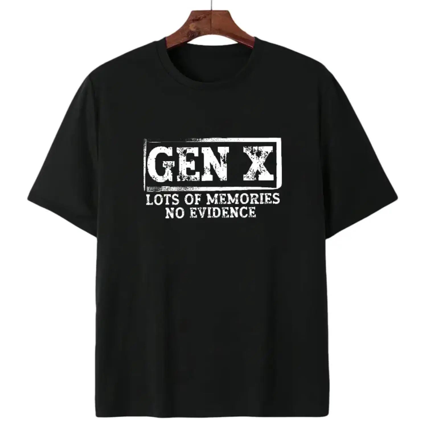 Women's 100% Cotton Crew Neck Short-Sleeve T-Shirt - Unisex Funny Slogan Joke Text Top, Gen X Old Memories No Evidence Graphic, Comfortable Relaxed Fit, Breathable Fabric, Machine Washable, Streetwear, All Seasons, Casual, Normal Type