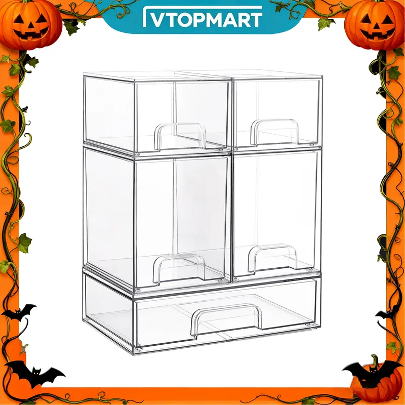 [Video Only]Vtopmart 5/8 Pack Stackable Multi-Compartment Nursery Bottle Station & Makeup Organizer Box BPA-Free Plastic Storage Bins with Smooth Slide, Flexible Multi-Size Design, Waterproof Dorm Home Organizers, Halloween GiftIdea