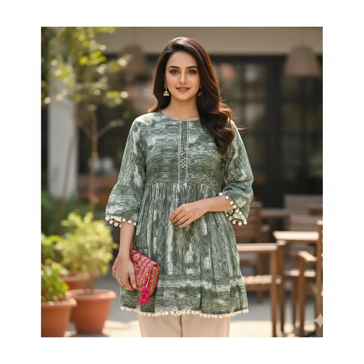 Boho Chic Tie-Dye Kurti Tunic with Pom-Pom Trim – Sage/White | 3/4 Sleeve | Lightweight (Top-29) Sizes: S/M/XL