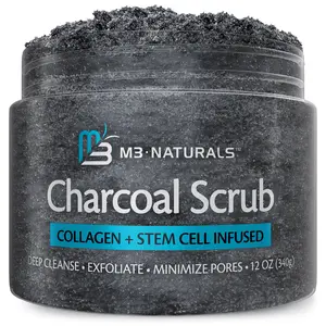 Charcoal Salt Scrub for Face, Foot & Body Care - Moisturizing Skin Care Exfoliant with Collagen to Polish Pore & Skin Repair by M3 Naturals 12oz
