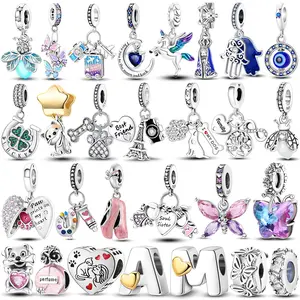Hot Charms Bead 925 Sterling Silver Pink Butterfly Luminous Firefly Dangle Fit Bangle Bracelet Necklace DIY Jewelry Gift for love