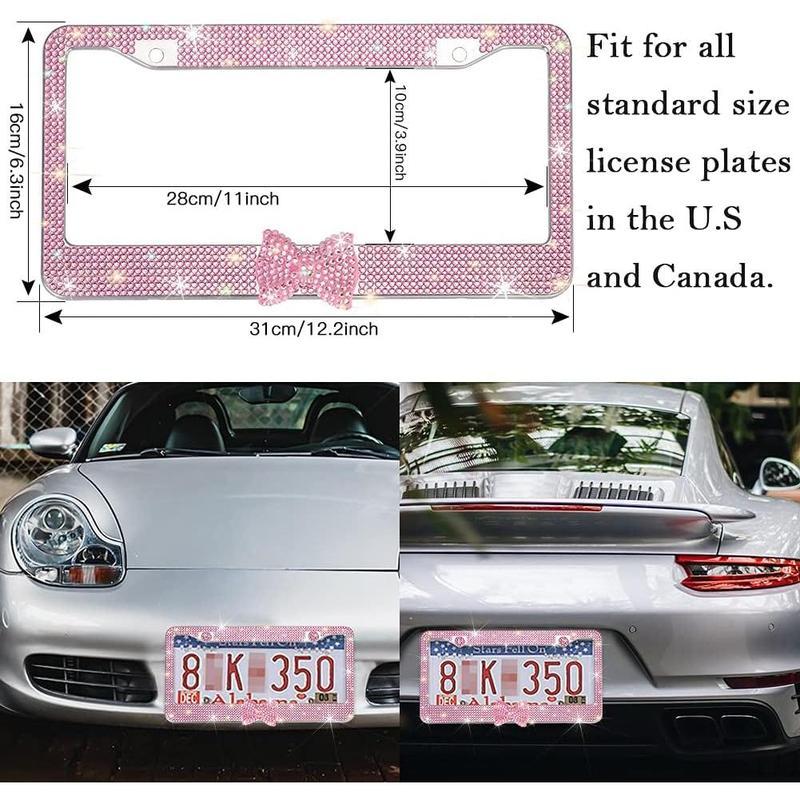 2 Pack Bling License Plate Frame，Handcrafted Bling Rhinestone Premium Stainless Steel License Plate Frame，14 Facets Clear Color Rhinestone Crystal (Pink&Pink-Bow)