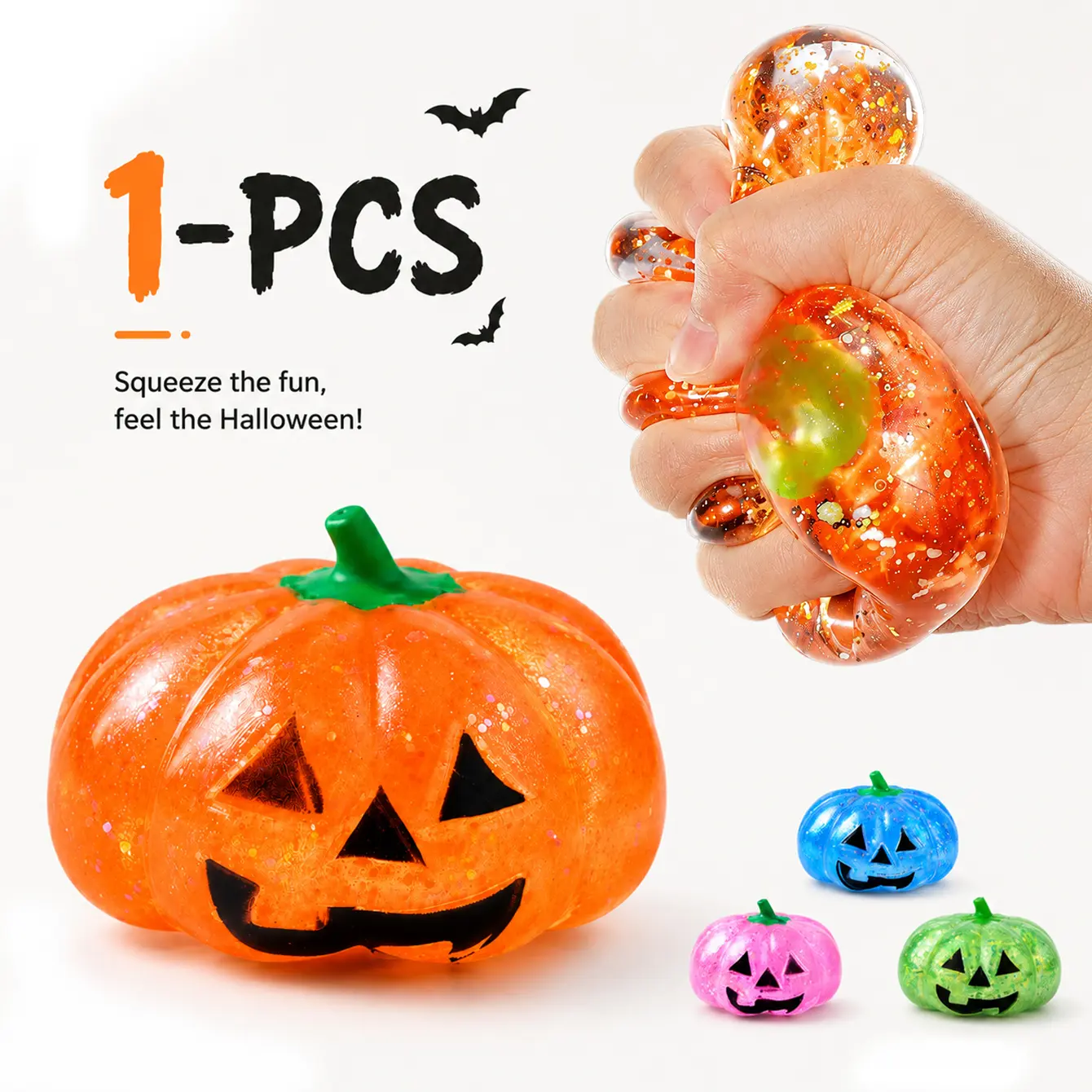 Halloween Pumpkin Glitter Squishy Squeeze Fidget Toy Jack O Lantern Sensory Stress Relief Toy Random Color Desktop Anxiety Relief Holiday Party Favor food