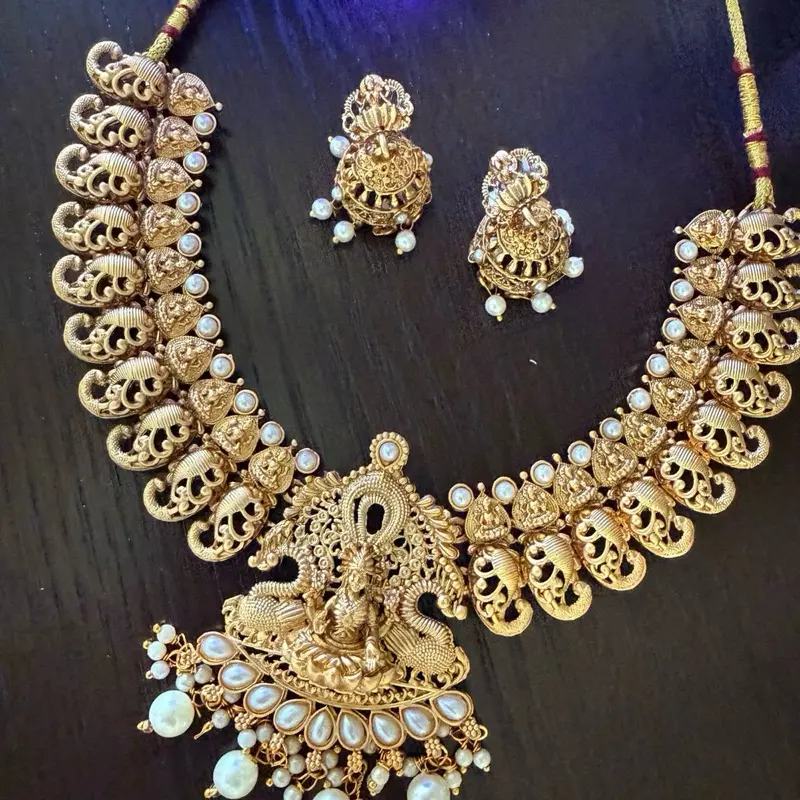 Antique Gold-Finish Traditional Temple-Style Jewelry Set with Pearl Detailing