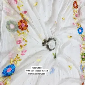Pure White Dupatta with Aari Shaded Thread Work & Stone Work Elegant Floral Embroidery for Traditional Wear
