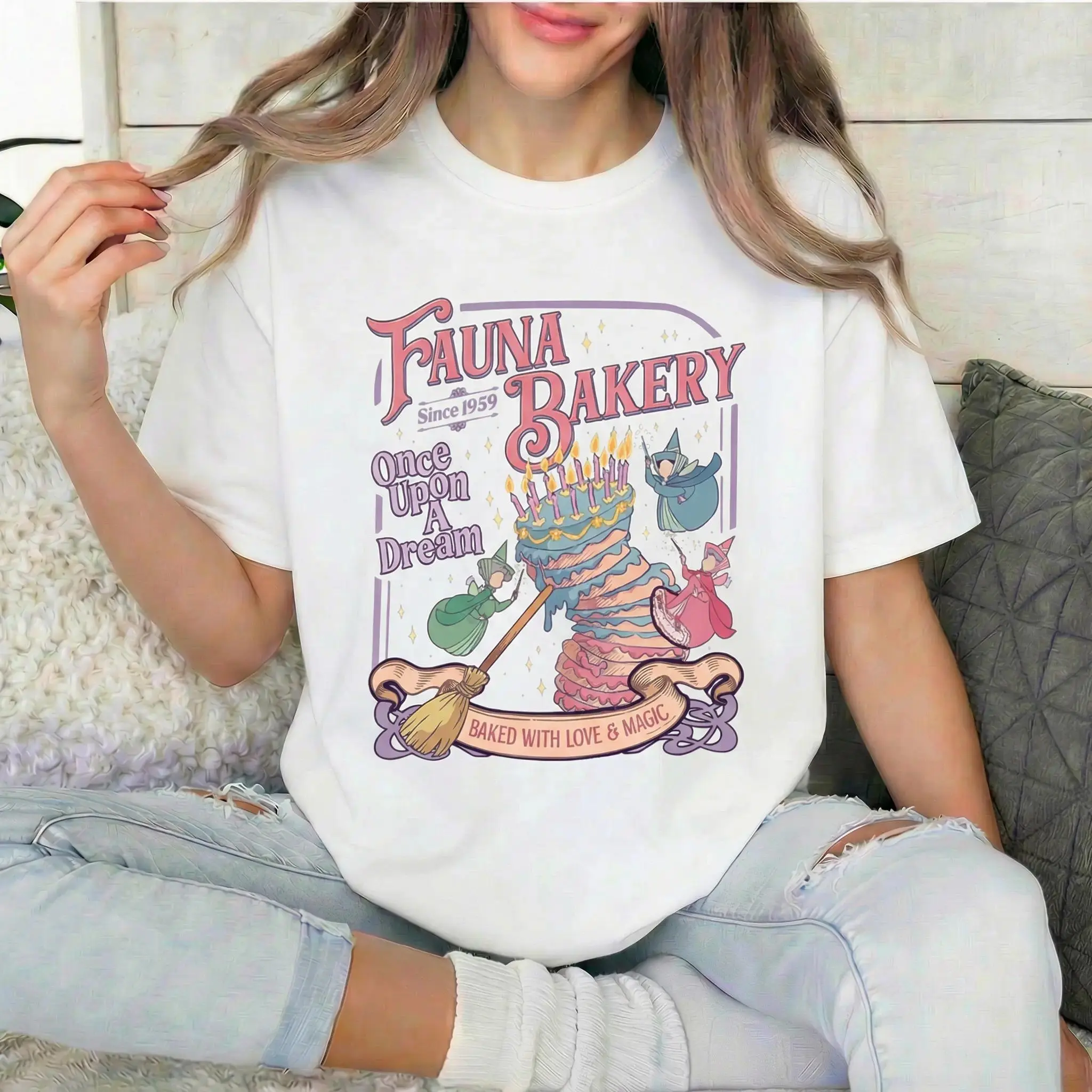 Fauna Bakery Once Upon a Dream Graphic Tee with Fairy and Cake Design Retro Vintage Style Aesthetic White T-shirt for Women Soft Breathable Loose Fit Short Sleeve Top for Daily Wear Birthday Party Special Occasion or Gift for Her Comfortable Fashion Piece
