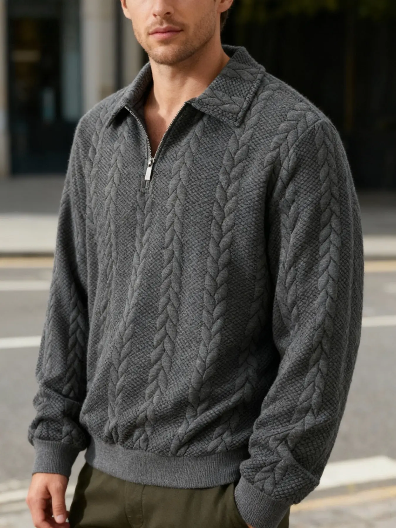 Men's Half-Zip Cable Knit Sweater, Textured Fabric Classic Casual Fitted Polo Neck Pullover, Soft Comfort Long Sleeve Top for Fall Winter Outdoor Wear