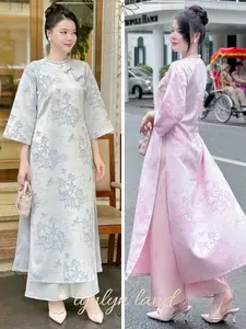 Ash Blue or Pink Pre-made Vietnamese Women Modern Gam Ao Dai Cach Tan Set with Pants for Lunar New Year Dress, Áo Dài Gấm