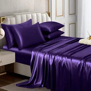 6 count Satin Sheet Set  Size Luxury Silky & Soft Purple Satin  Bed Sheet Set with 16" Deep Pocket, 1 Fitted Sheet, 1 Flat Sheet, 4 Pillowcases