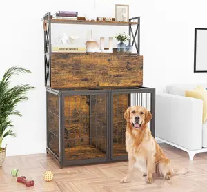 42.5 Inch Dog Crate Furniture with Shelves Storage,Dog Kennel with Divider,Wooden Dog Crate End Table with Flip Top,Large Dog Cage for Indoor,3 Doors Pet Crate Furniture
