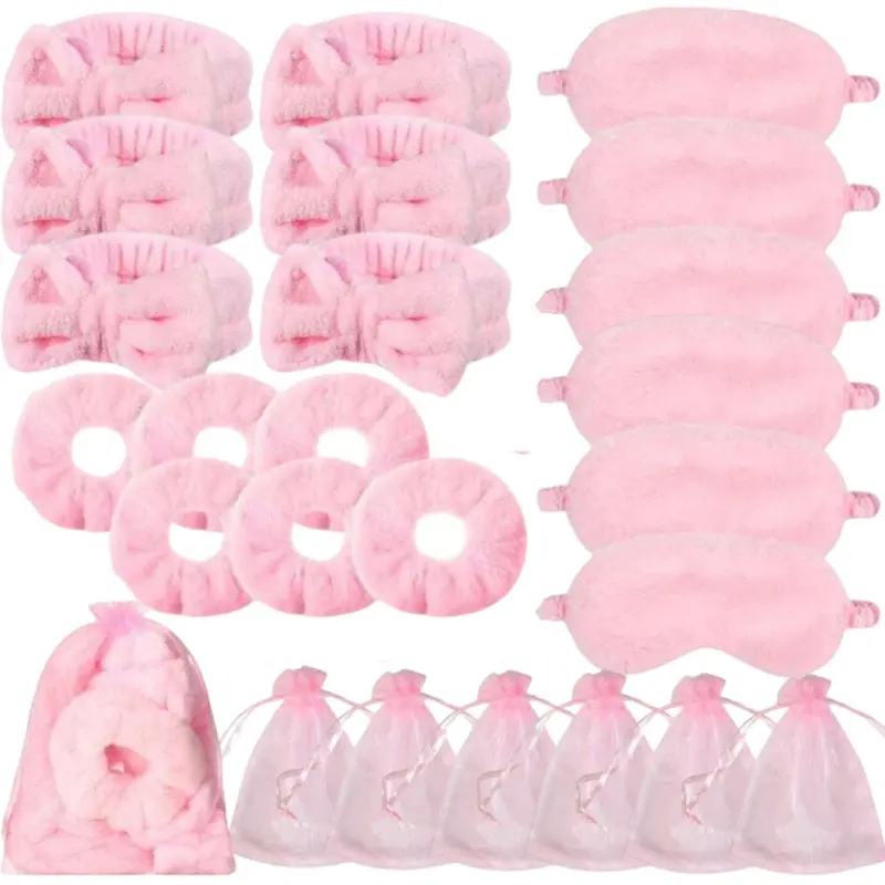 Pink Spa Sleepover Party Favor Kit, Party Accessory, Plush Headband & Sleep Mask Set with Scrunchies & Gift Bags, Ideal for Girls Birthday, Bachelorette & Bridesmaid Proposal Party Supplies