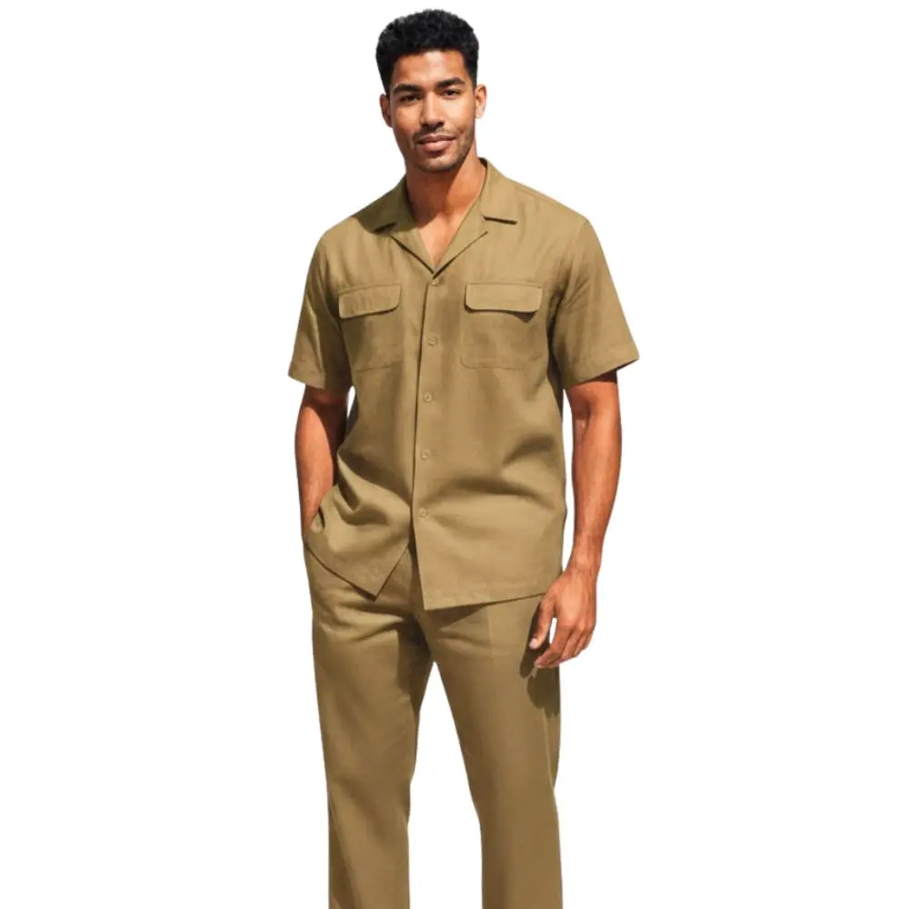 Khaki Short Sleeve Linen Walking Suit Set by Stacy Adams