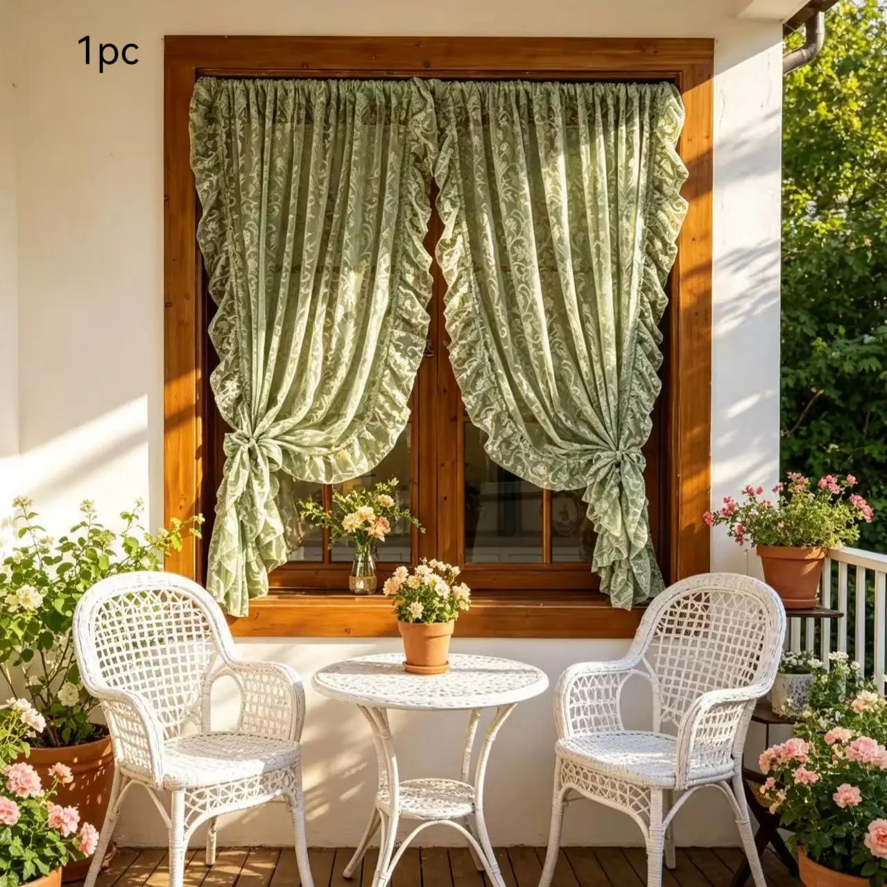 1 piece French Jacquard Short Curtain | Rustic Floral Gauze Curtain | Wavy Edge | Small Bedroom Bay Window Curtain | Green Gentle Rustic Jacquard Style Semi-transparent Soft Light · No-drill Small Short Curtain | Curtain For Windows