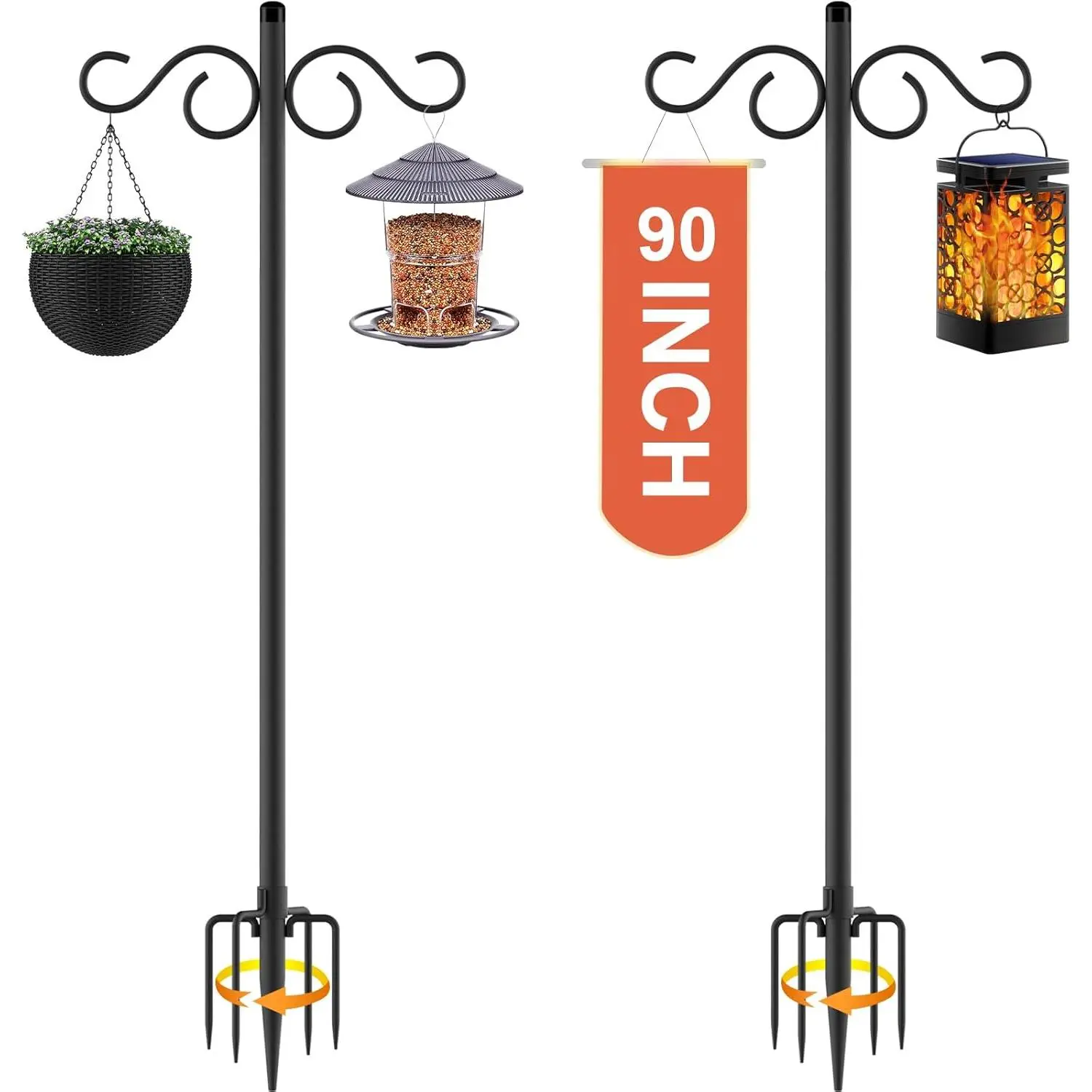 Double Shepherds Hooks for Outdoor,2 Pack 90 Inch Bird Feeder Pole with 5 Prongs Base,Heavy Duty Shepherds Hook,Suitable for Garden in Hanging Flower Basket,Lantern,Bird Nests (90 Inch)