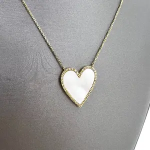 14K Yellow Gold Mother of Pearl and Diamond Heart Necklace Elegant Jewelry for Women