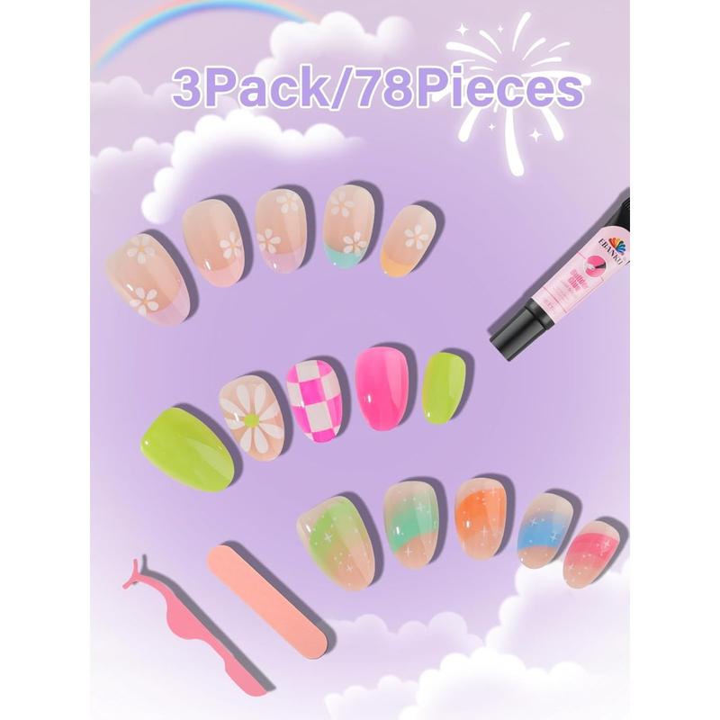 EBANKU Press on Nails for Kids, 78、72、24 Pieces Kid Fake Nail Kit Old Colorful Flower Press on Nails sets for girls 8-12 Years with Jelly Nail Adhesives & Nail Builder Glue Christmas