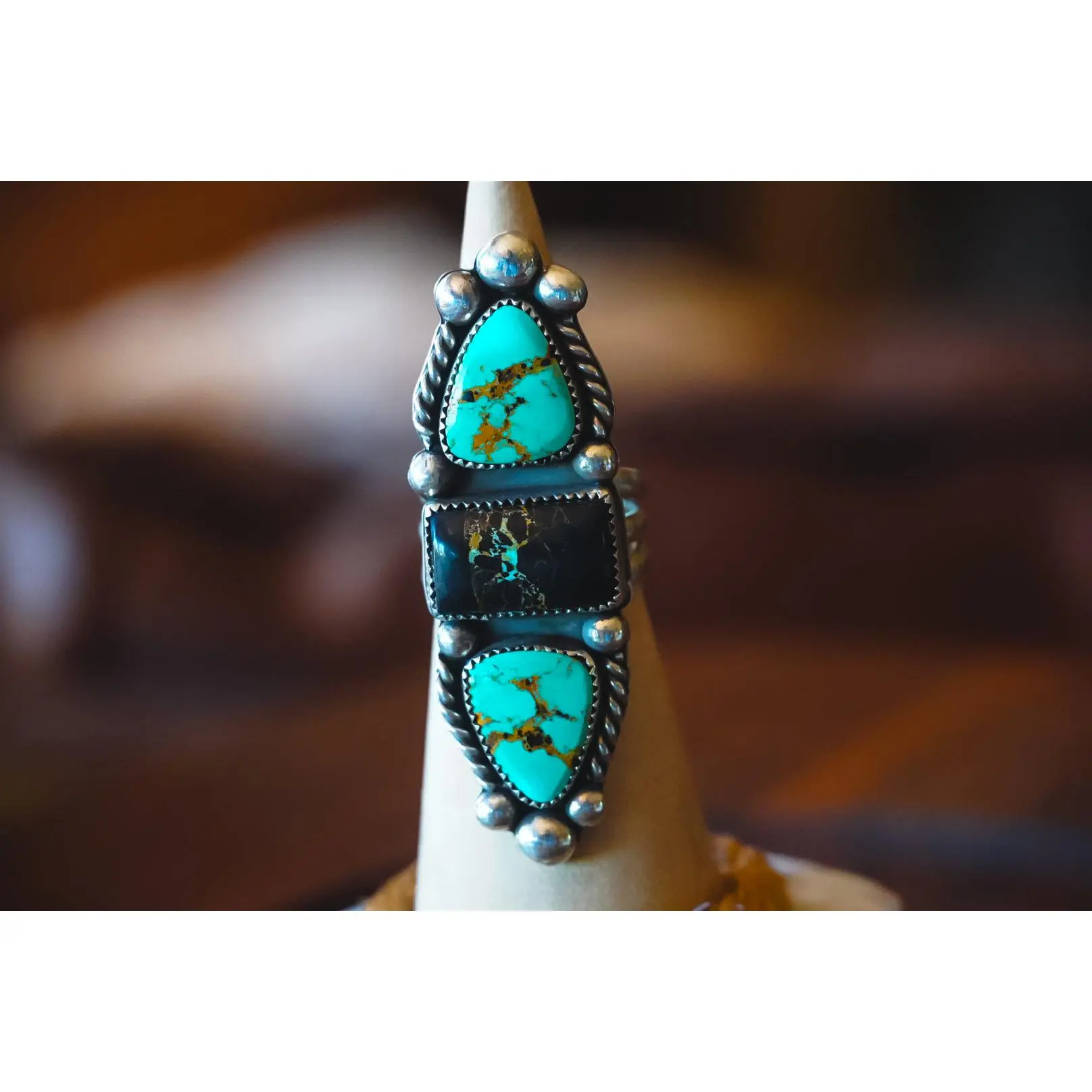 Heirloom Weight Handmade Sterling Silver Alpine Turquoise & Blackjack Turquoise Ring | Triple-Stone Western Ring | Size 8