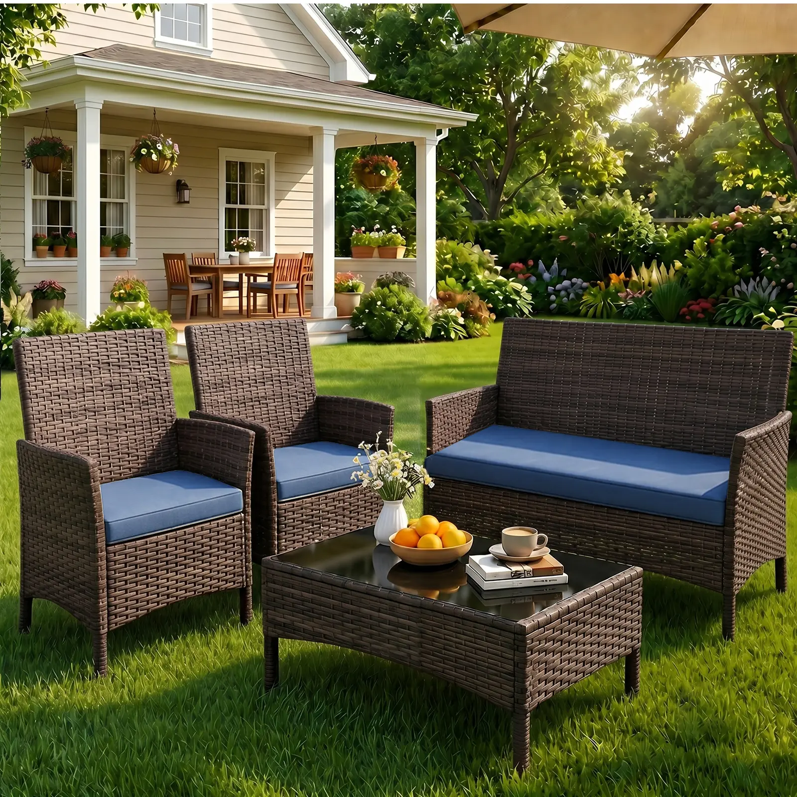 Gasee 4-Piece 4-Seat Outdoor Rattan Conversation Set - Waterproof Rattan Weave Chairs, Loveseat, Glass Table, Cushions, Strong Frames, Garden Look for Patio, Backyard, Brown/Navy, Four Seats