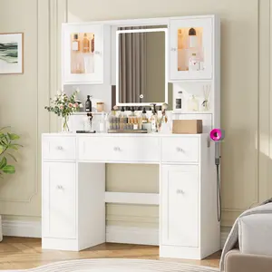 【2 Package Shipped】VOWNER Makeup Vanity with Mirror, 5 Drawers, 2 Glass Door Cabinets, RGB Light & 10 Adjustable Lighting, White for Bedroom Use - Furniture  Modern Organizing Minimal Interior desk