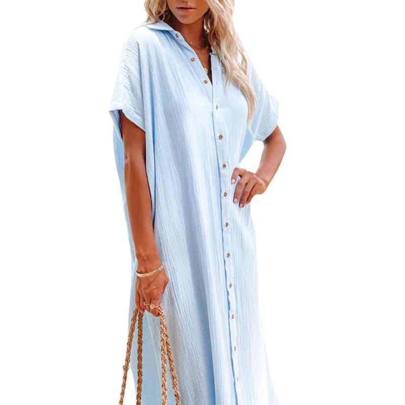 Women Maxi Shirt Dress Short Sleeve Button Down Long Kimonos Cardigans Side Slit Loose Cover Up Beach Sundress