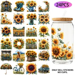 UV DTF Transfer Stickers - 24 pieces/set, Sunflower Dwarf Theme (second one), UV DTF 16OZ DIY transfer stickers suitable for 16-ounce water bottles, glass bottles, laptops, home decoration DIY, high-viscosity transfer paper