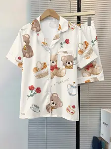 Women's Sleepwear 2-Piece Set, Cartoon Bear Print, Comfortable Nightwear, Fashion Soft Fabric, Casual Daily Wear, Pajama