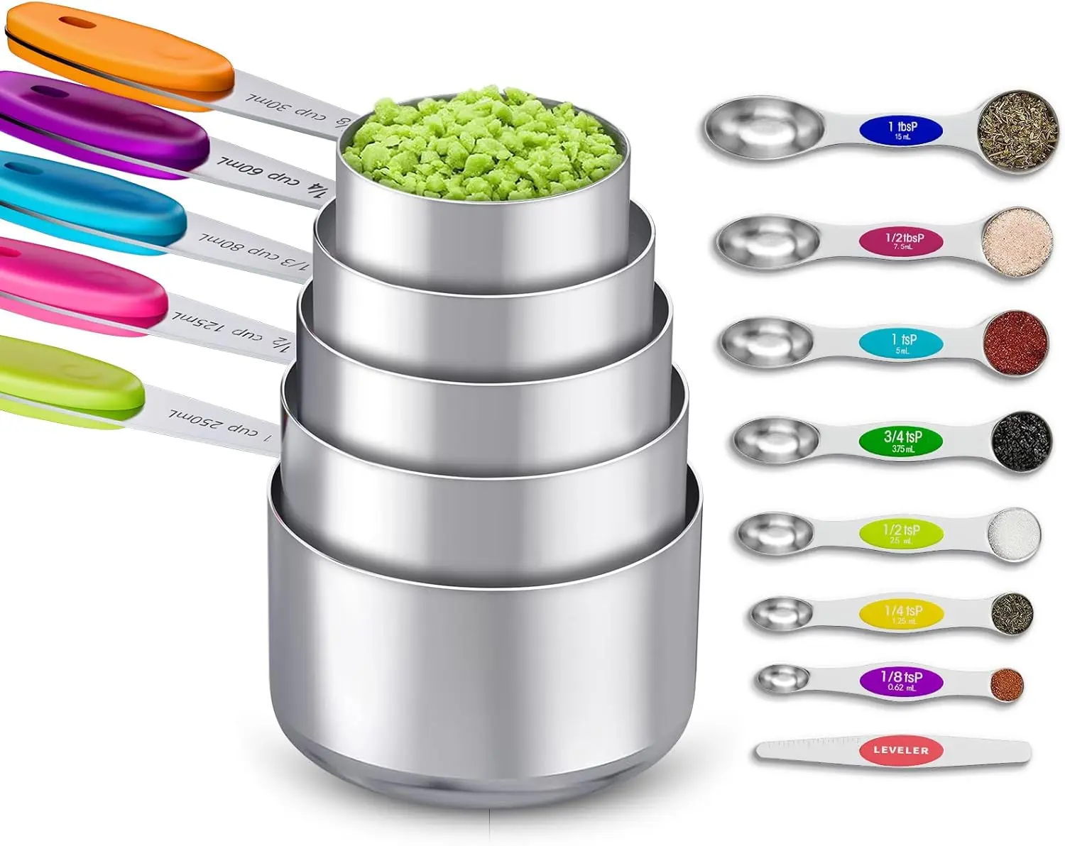 13-Piece Measuring  and Magnetic Spoons Set, 5 Stainless Steel Measuring , 7 Double-Sided Magnetic Measuring Spoons & 1 Leveler for Cooking and Baking (5+7+1) stackable
