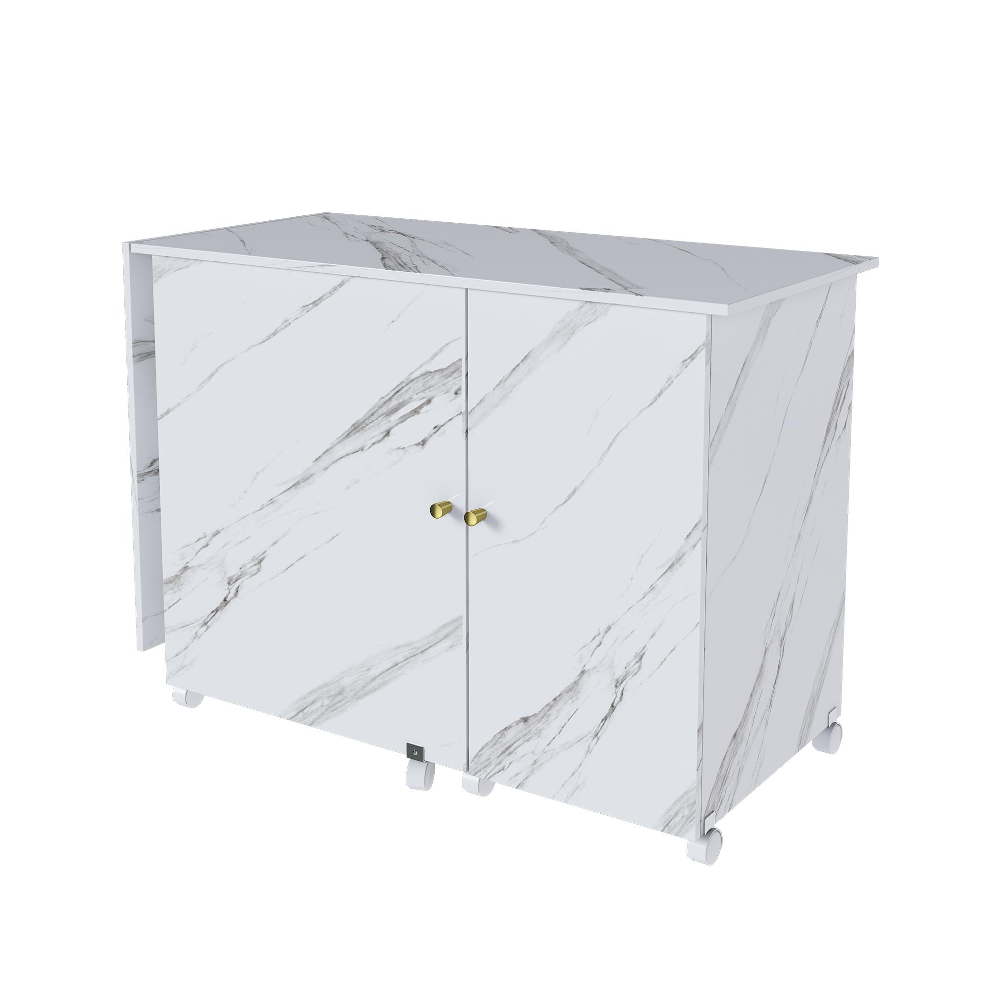 57.5" Foldable Sewing Machine Table with Locking Casters, Multi-Storage Craft Station with Shelves, Bins & Cabinet, Adjustable Sewing Cabinet for Home, Bedroom, and Craft Room(White)