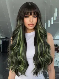 26 Inch Green Long Curly Wigs for Women, Gorgeous Fashion Fluffy Wigs with Blunt Bangs, Synthetic Full Machine Wigs for Party, Daily Use, Loose Wave Wigs