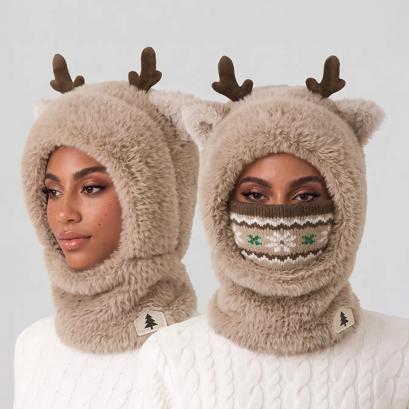 Original Brand Christmas Reindeer Hat, Warm Fuzzy Winter Hood for Women & Men, Thermal Plush Balaclava Hat with Ear Protection, Windproof Cold Weather Hat, Cozy Winter Headwear for Christmas, Thanksgiving, Outdoor & Family Gifts