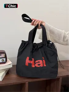 Large capacity drawstring tote bag with letters, simple casual shoulder bag, lightweight and comfortable, street style, work, shopping, underarm bag