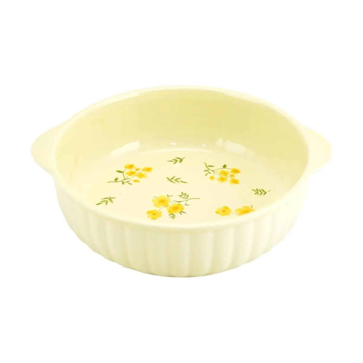 Golden Lion Japanese Style Ceramic Bowl - Rustic Yellow Spring Design, 7.5" Striped Double Ear Serving Dish